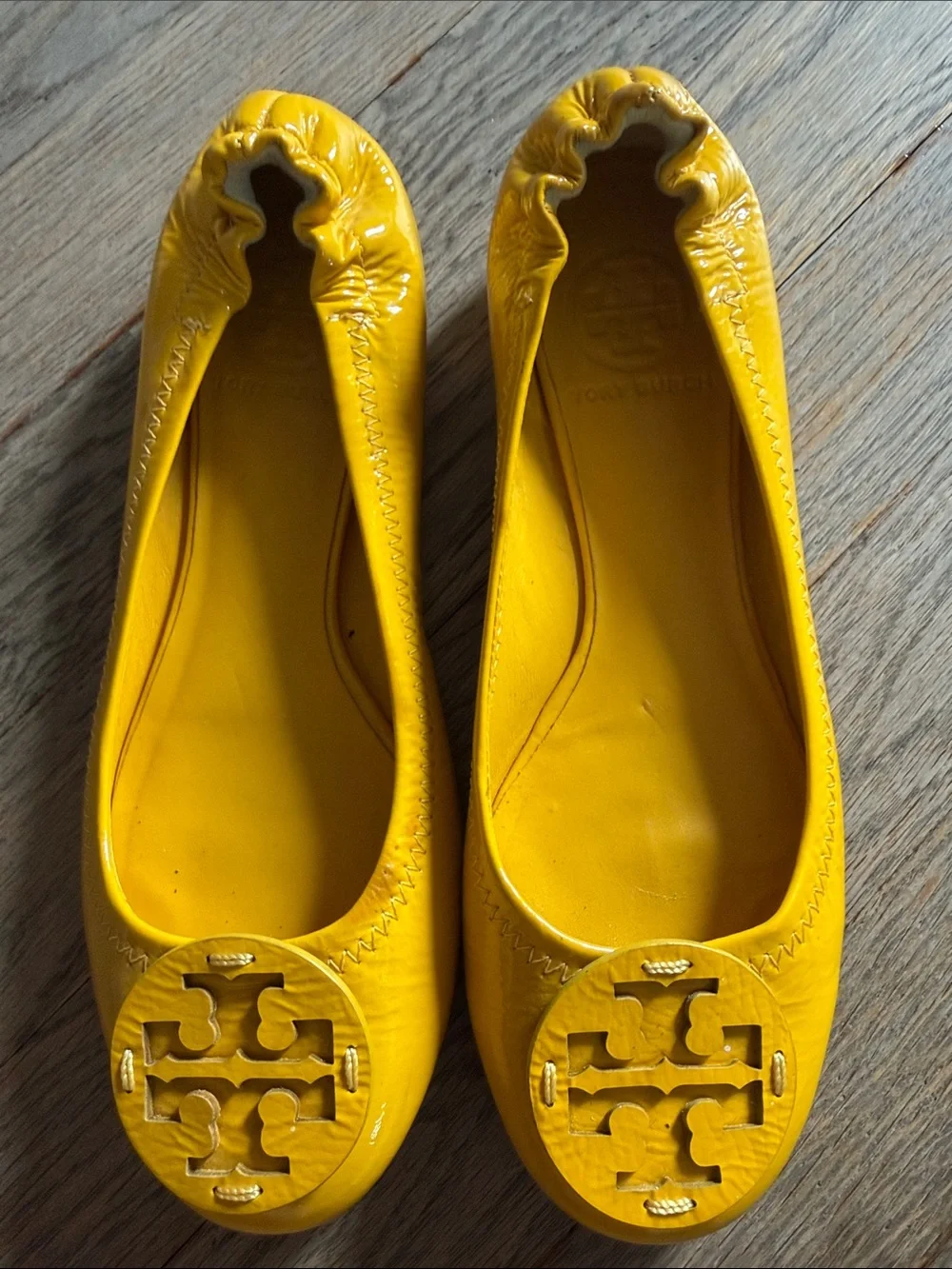 Tory Burch Yellow Patent Logo Ballet Flats